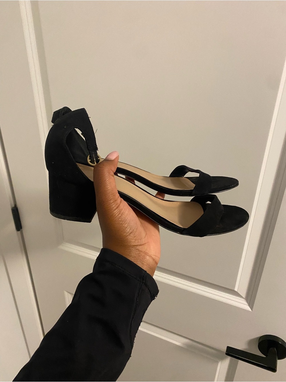 Spring Black Suede Block Heel Sandals with Ankle Strap